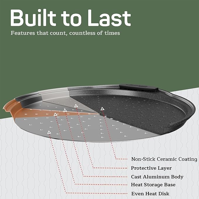 Non-Stick Pizza Pan with Silicone Handle 1 Pack, 13 Inch Round Carbon Steel Tray with Perforated Holes, Dishwasher & Oven Safe Up To 450°F, PFOAPFOSPTFE Free, Durable Nonstick Gray Marble Coating