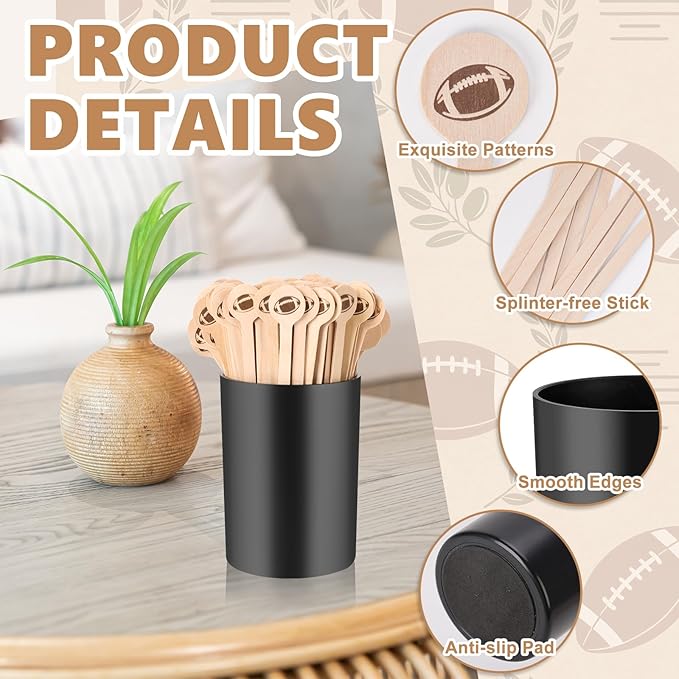 100 Pcs Football Coffee Stirrers with Holder 6 Inch Football Swizzle Sticks Wood Drink Stirrers Sports Black Stir Stick Holder Round End Cocktail Stirrers for Football Theme Party Favors Decoration