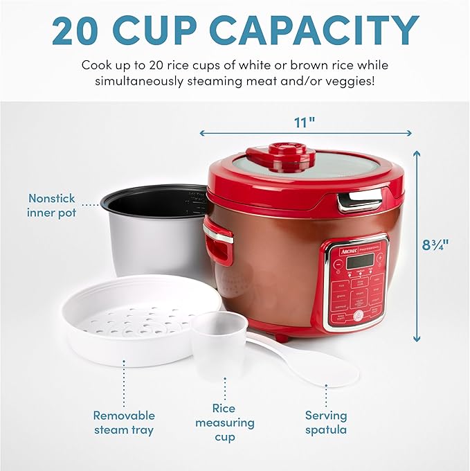 Cool Touch Rice Cooker with Glass Lid, Food Steamer, Slow Cooker, Multicooker with 11 Preset Functions, Steam Tray, Measuring Cup, Rice Spatula, 20 Cups (Cooked)