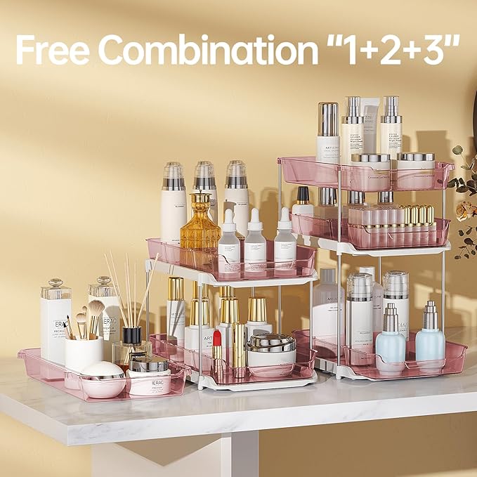 Delamu 2 Pack 3-Tier Bathroom Under Sink Organizers and Storage, Multi-Purpose Stackable Pantry Organization and Storage, Pull Out Clear Kitchen Bathroom Cabinet Organizer with Movable Dividers, Pink