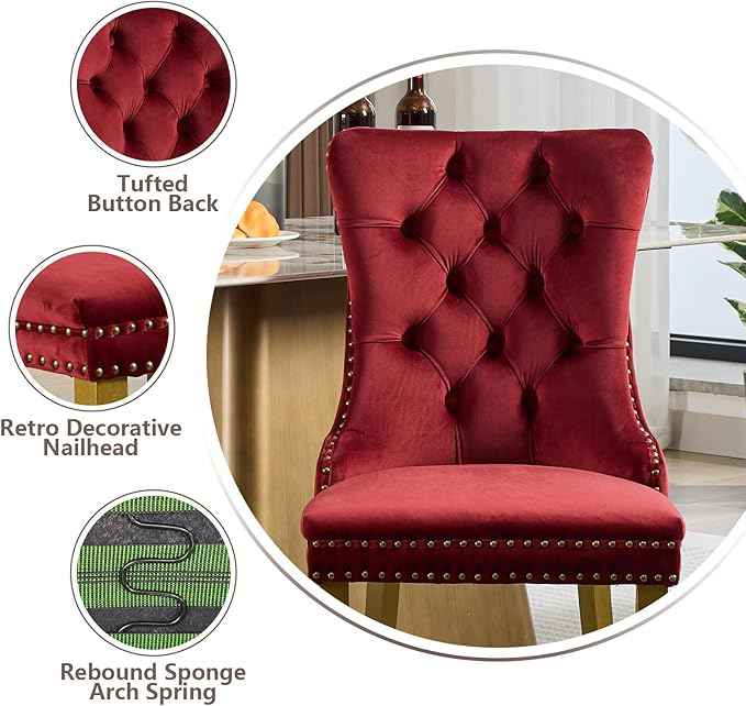 Velvet Dining Chairs Set of 6, Modern Tufted Dining Room Chair, Upholstered Dining Chairs with Lion Head Pulls Ring and Golden Solid Wood Legs, Luxury Kitchen Chairs for Dining Room, Burgundy