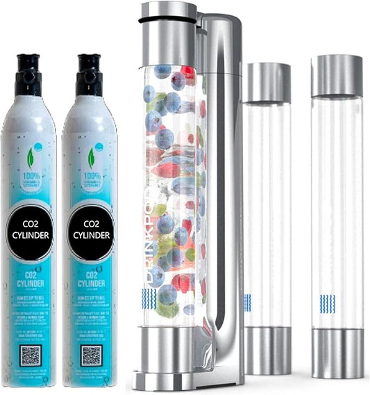 Fizzpod Sparkling Water Maker & Home Soda Carbonator Sparkling Water Machine For Home | Infuses Flavors while Carbonating Beverage Drinks(Chrome + 2 CO2)