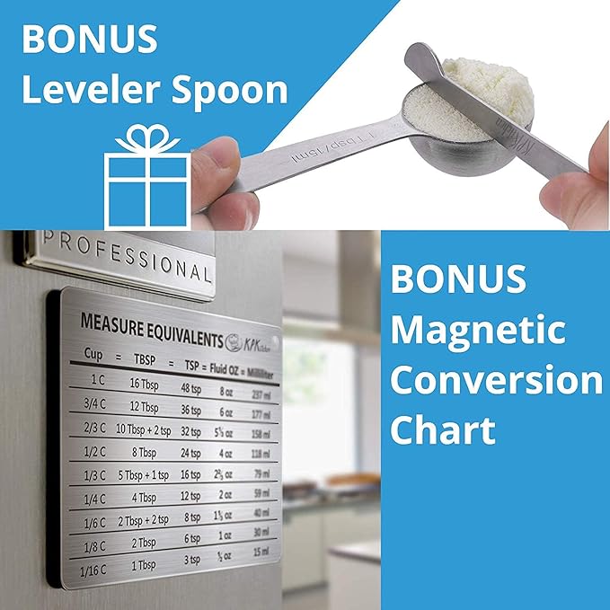 Stainless Steel Measuring Cups and Spoons Set of 16-7 Cup & 7 Spoon + Conversion Chart & Leveler - Kitchen Measuring Spoons and Cups - Dry Measure Cups Stainless Steel & Baking Metal Measuring Cups