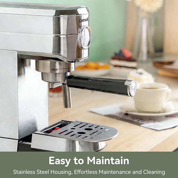 Gevi Espresso Machine 20 Bar - Auto Milk Frother & Steam Wand, NTC Temp Control, Compact Stainless Steel Cappuccino Maker, Ideal for Coffee Lovers & Home Baristas