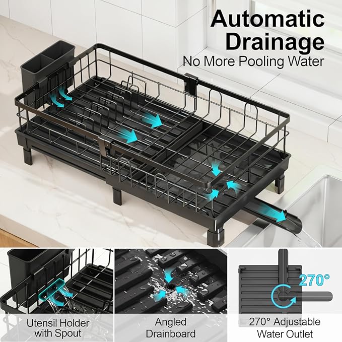 GSlife Expandable Dish Drying Rack for Kitchen Counter, Compact Space-Saving Dish Rack with Drainboard, Rustproof Dish Drainer for Small Kitchen, Apartment, RV, 12.2" W x 12"-20.5" L, Black