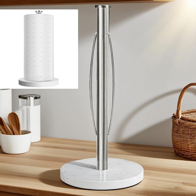 ZUNTO Paper Towel Holder Countertop, Freestanding Paper Towel Holder with Non-Slip Weighted Base for One-Hand Tear, Paper Towel Roll Holder for Kitchen Bathroom, White Marble Base