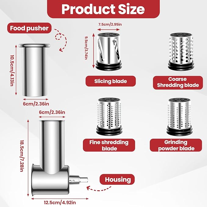 Stainless Steel Slicer Shredder Attachment for KitchenAid Stand Mixers, Large Vegetable Slicer Cheese Grater Attachment for Kitchenaid, Salad Maker Grinding Powder with 4 Blades