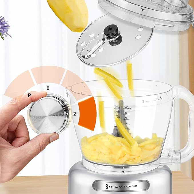 Homtone Large Food Processor 16-Cup 9-IN-1 Food Processing for Home Meal Prep, 3-Speed, 7 Blades for Shredding, Slicing, Chopping, Kneading, Emulsifying, French Fry Disc, Dishwasher Safe, Silver