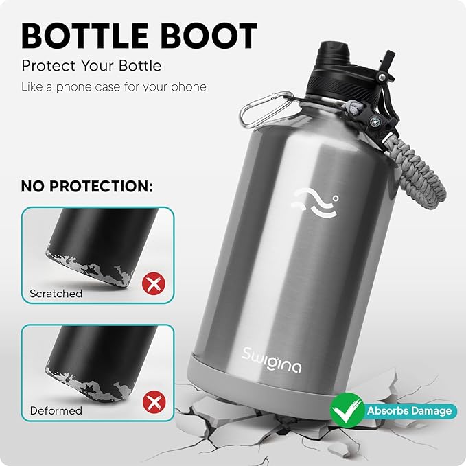 Swigina [2-IN-1 LID] Gallon Insulated Water Bottle with Silicone Boot (48hrs Cold/24hrs Hot) - DIY Stickers, Leakproof, BPA Free, 128 oz