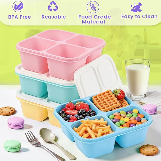4 Pack Snack Containers Bento Box Adult Lunch Box,Meal Prep Container, Reusable Food Storage lunch Containers Stackable for Work, Travel and Gym (Pink, Blue, Green, Yellow)