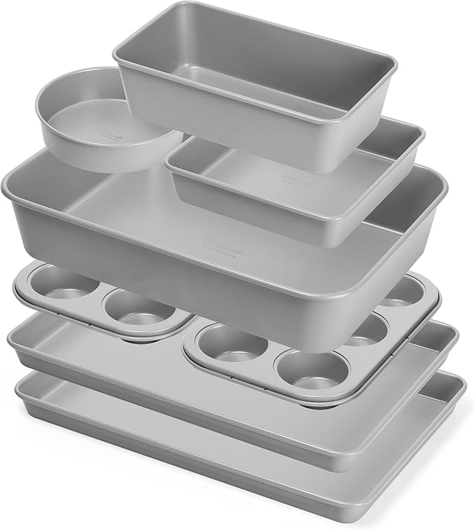 Nonstick Bakeware Set 8 Piece - Stackable Baking Pan Set, Oven safe 450°F, Carbon Steel Baking Set with Muffin, Loaf, Cookie Sheets & Roaster, Easy Storage, BPA-Free (Gray)