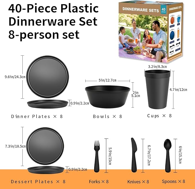 40 Piece Plastic Dinnerware Set for 8 with Cutlery, Unbreakable Plates and Bowls Set, Dishwasher & Microwave Safe Reusable Dish Set for Camping, RV, Outdoor Kitchen, Apartment Dining,Rainbow Multicol