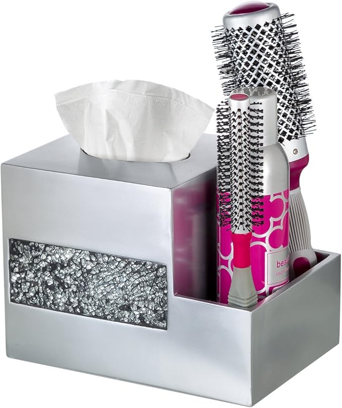 Crackled Glass Tissue Box Cover Square Silver Decorative Multi-function Storage Organizer Caddy; Tissue Box Holder & Countertop Nightstand Bedside Table Organizer Makeup, Phone, Remote Control Holder
