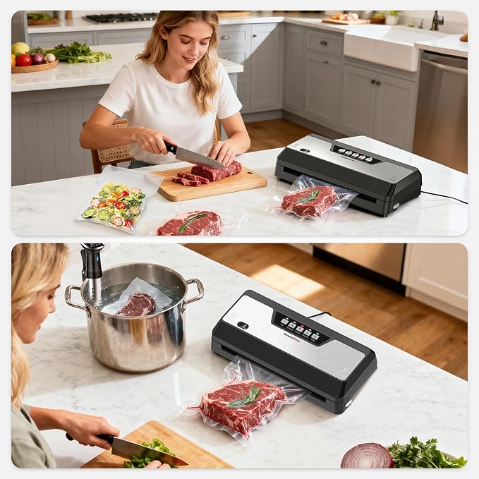 Bonsenkitchen Vacuum Sealer Machine with Built-in Cutter and Bag Storage for Sous Vide and Meal Prep | Compact Food Sealer with Multiple Modes | 1 Roll Bag & 5 Pre-Cut Bags, Black-Stainless Steel