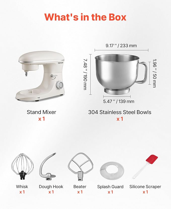 VEVOR Stand Mixer, 6 QT Dough Mixer, 660W 6 + P Speeds Tilt-head Food Mixer with Stainless Steel Bowl, Dough Hook, Wire Whip, Flat Beater, Scraper, Household Stand Mixer for Baking & Mixing, White