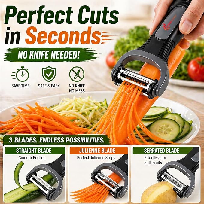Peel 3X Faster Vegetable Peeler Set (3-Piece) – Ultra-Sharp Stainless Steel Y Peeler, Julienne & Swivel Peeler – Non-Slip Ergonomic Handle for Potatoes, Carrots, Apples