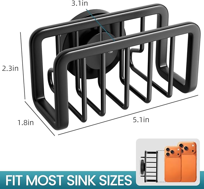 TAILI Sponge Holder for Kitchen Sink with Strong Suction Cup, Rustproof Aluminum Sink Caddy, Removable Sponge Holder, Dish Brush for Scraper - Black