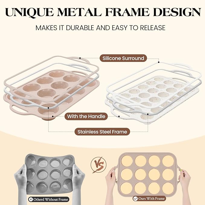 Vinino 2Packs Silicone Muffin Pans for Baking with Metal Reinforced Frame, 12 Cups Regular and 24 Cups Mini Nonstick Cupcake Pan, BPA Free Oven Dishwasher Safe Baking Mold for Muffins Cupcakes