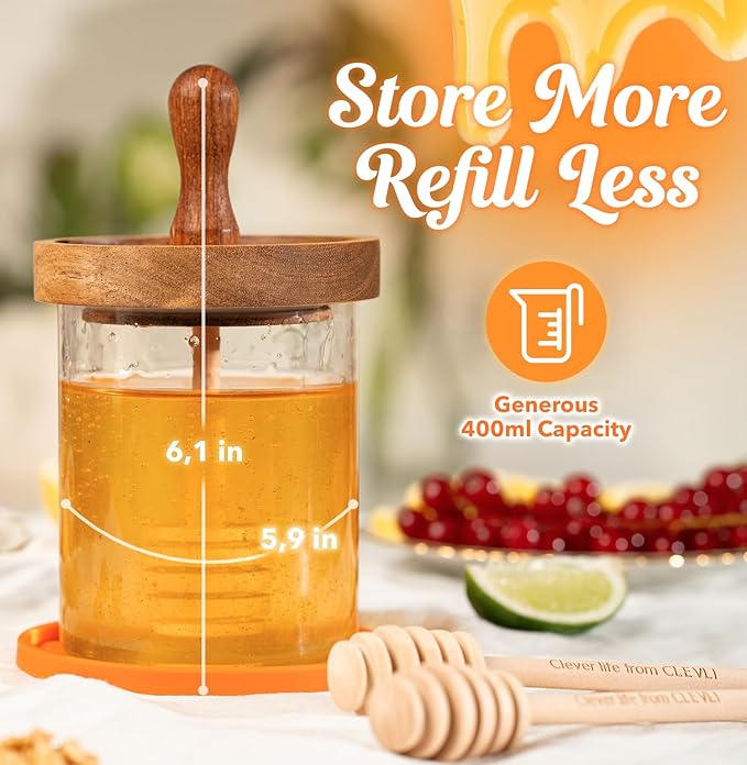 CLEVLI 12 oz Honey Pot Set with Silicone Mat, Airtight Wooden Lid, 2 Extra Dippers & Custom Gift Box | Glass Container Honey Jar for Honey & Syrup | Durable & Stylish Kitchenware Food Storage