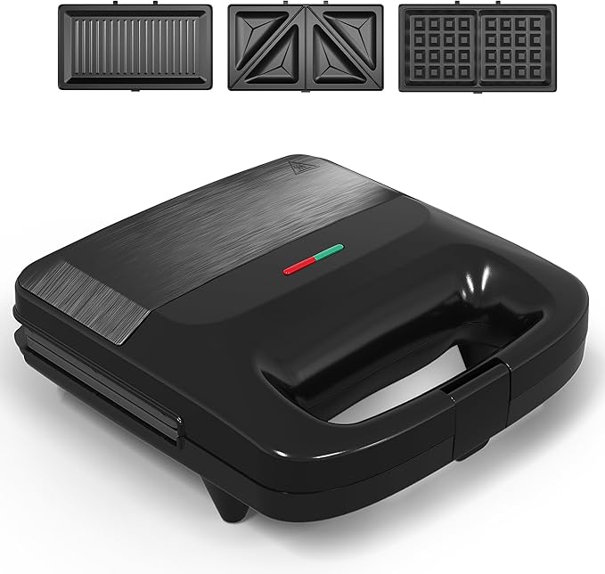 3 in 1 Waffle, Grill & Sandwich Maker, Sandwich Maker Panini Press Waffle Iron Set with Removable Non-Stick Plates & Indicator Lights, Panini Press Grill for Breakfast, 800W, Black