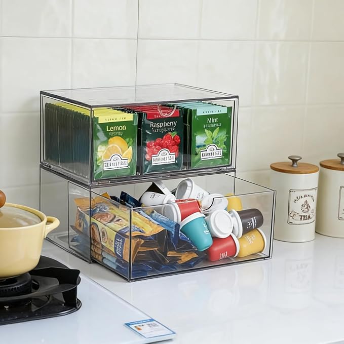 CLUQMEIK 2 Acrylic Tea and Coffee Organizer, 9 Grids Tea Bag Organizer Box and 1 Compartment Coffee Pod Storage Box, Acrylic Drawers Stackable Design Suitable for Storing Pods Creamers Sugar Packets