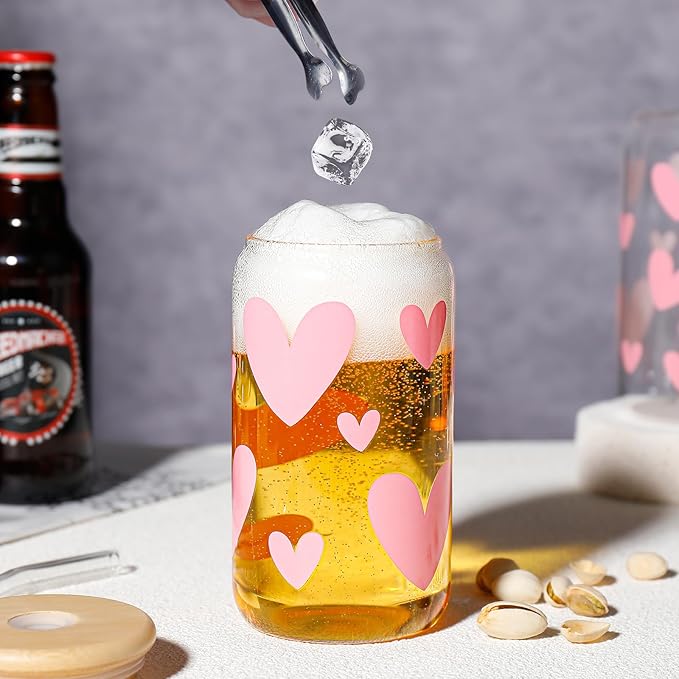 DWTS DANWEITESI Glass Cups with Lids and Straws with Design Pink Hearts 4 pcs,Clear Glass Cups 16 oz-Glass Tumbler,Cute Glass Iced Coffee Cups with Lids and Straws
