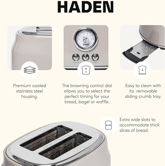 Haden Dorset 2 Slice Wide Slot Stainless Steel Toaster with Adjustable Browning Control & Non-Slip Feet, Putty & Chrome