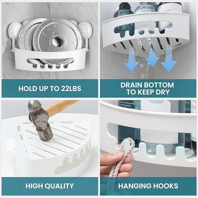TAILI Double Layer Soap Dish & 2 Pack Suction Corner Shower Caddy, Bathroom Shelf Storage Basket Wall Mounted Organizer for Shampoo, Conditioner, Tub and Kitchen Sink, Drill-Free, Removable