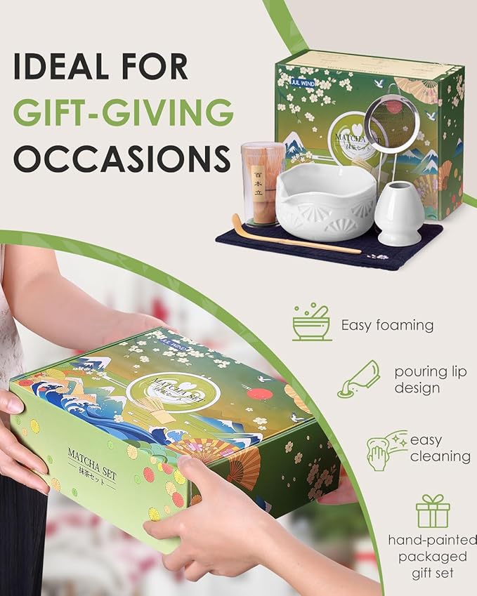 Matcha Whisk Set, Ceramic Matcha Set Includes Matcha Bowl with Spout, Matcha Whisk and Holder, Bamboo Scoop, Sifter and Tea Towel - 6 Pcs Matcha Kit Gift for Matcha Lovers (White)