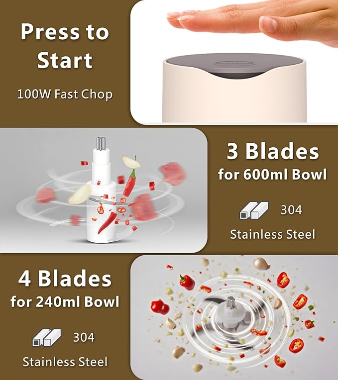 4-in-1 Small Food Processor Cordless Set with 600ml Glass Bowl, 3*240ml Stainless Steel Bowls & 3+4 Blades, USB-C Rechargeable Battery Mini Meat Vegetable Chopper, Electric Kitchen Blender, Mom's Gift