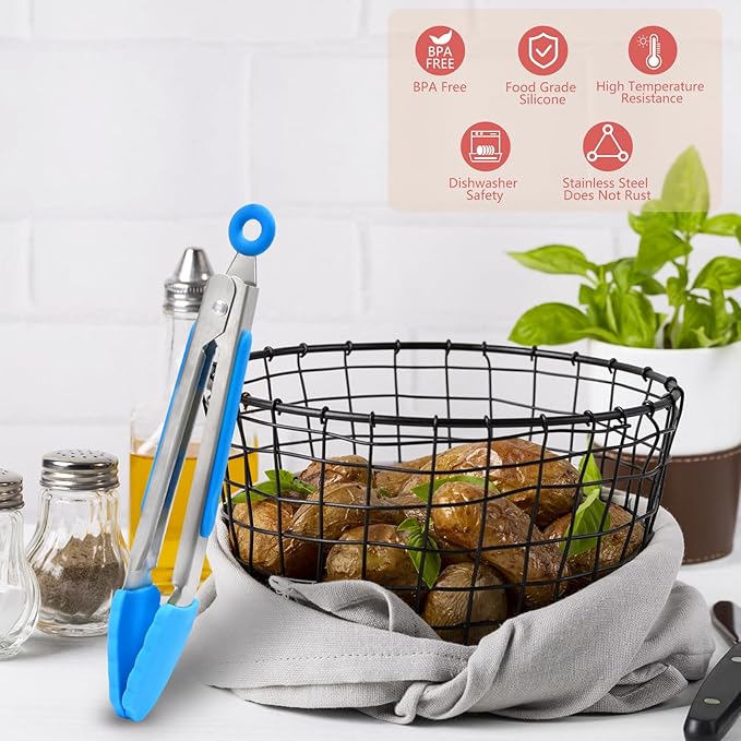 ForTomorrow 7 Inch Small Kitchen Tongs with Silicone Tips, Mini Serving Food Tongs Stainless Steel for Salad, Grilling, Frying and Cooking, 5 Pieces