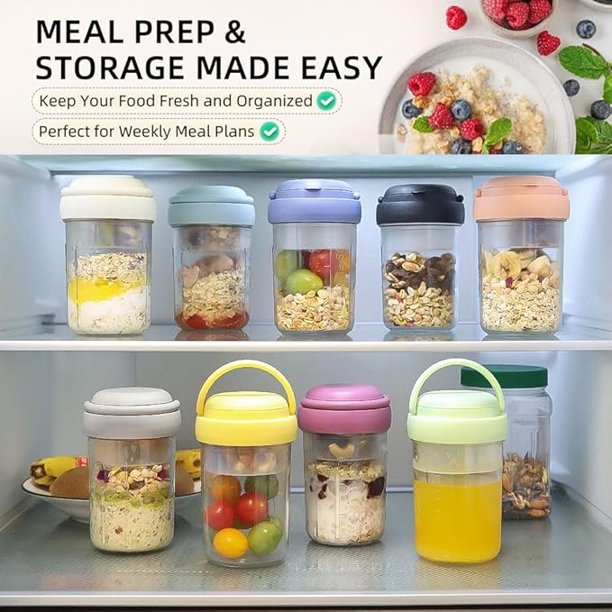 2 Pack Overnight Oats Containers with Lids and Handles, Folding Spoons & Divided Compartments for Fruit & Nuts, 16oz Glass Mason Jars for Oatmeal, Meal Prep & Breakfast (Cream/Blue)