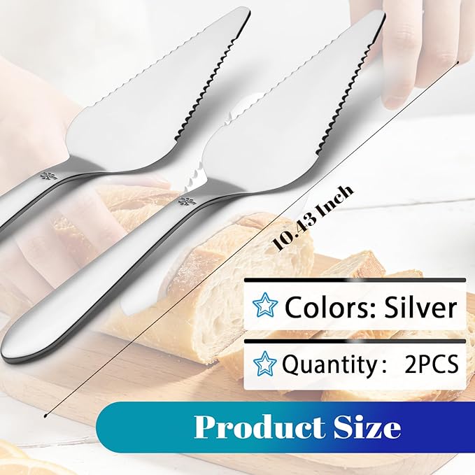 Eisinly Cake Pie Server Set for Wedding, Elegant Pizza Slicer Server Set with Stainless Steel Big Serrated Edges, Cake Cutter Pie Spatula for Birthday Anniversary, 2 Pcs, Silver