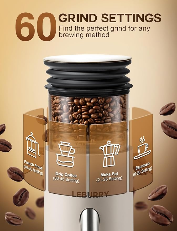 Burr Coffee Grinder – Portable Coffee Bean Grinder with 60 Grind Settings, LCD Timer, 51 & 58mm Portafilter Compatible - Rechargeable Electric Espresso Grinders for Home, Office & Travel