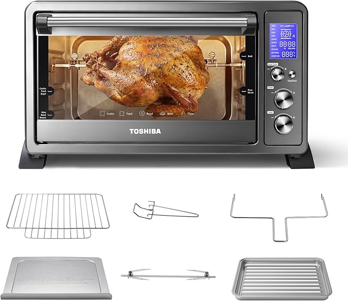 TOSHIBA 10-in-1 Convection Toaster Oven, 6-Slice Countertop Oven, 1500W with Toast, Bake, Broil, Rotisserie & Pizza Functions, LCD Knob Controls, 6 Accessories, Black Stainless Steel