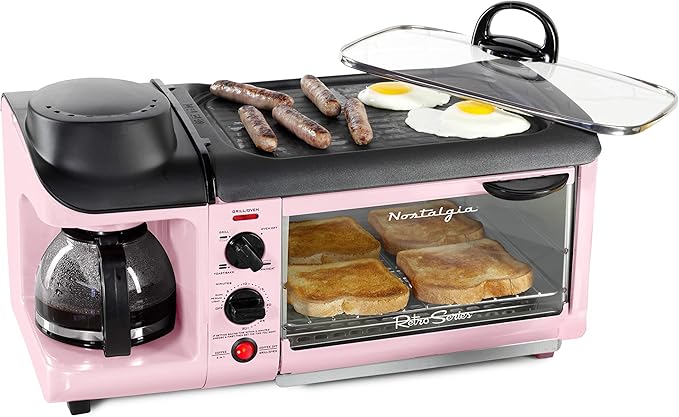Nostalgia 3-in-1 Breakfast Station - Includes Coffee Maker, Non-Stick Griddle, and 4-Slice Toaster Oven - Versatile Breakfast Maker with Timer - Pink