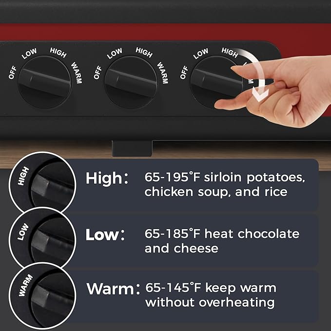 Triple Slow Cooker, 3 x 1.5 QT Portable Small Dual Crock Cooker, Buffet Servers and Warmers Dishwasher Safe, Removable Ceramic Pot Glass Lid, Stainless Steel, Red
