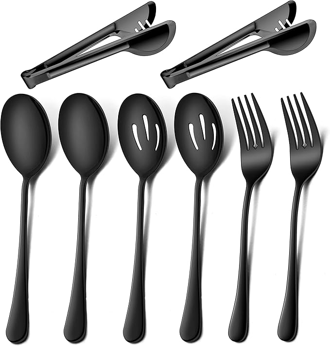 LIANYU 9-Piece Large Black Serving Utensils Set, 9.8 Inch Stainless Steel Buffet Serving Spoons Forks and Tongs Set, Ideal for Party Catering, Mirror Finished, Dishwasher Safe