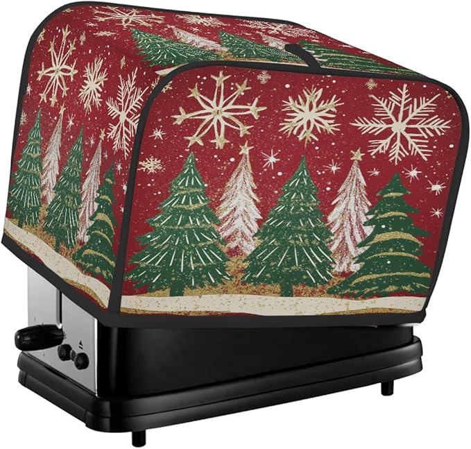 4 Slice Toaster Cover,Christmas Tree Snowflakes on Red Small Kitchen Appliance Bread Machine Cover with Pockets,Dust & Fingerprint Protection