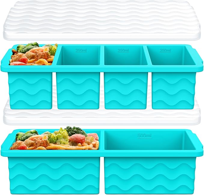 Silicone Freezer Trays with Lid for Soup, 1-Cup & 2-Cup Large Ice Cube Molds Food Storage Containers for Meal Prep, Freeze 500mL/250mL/125mL Portions – 2 Pack
