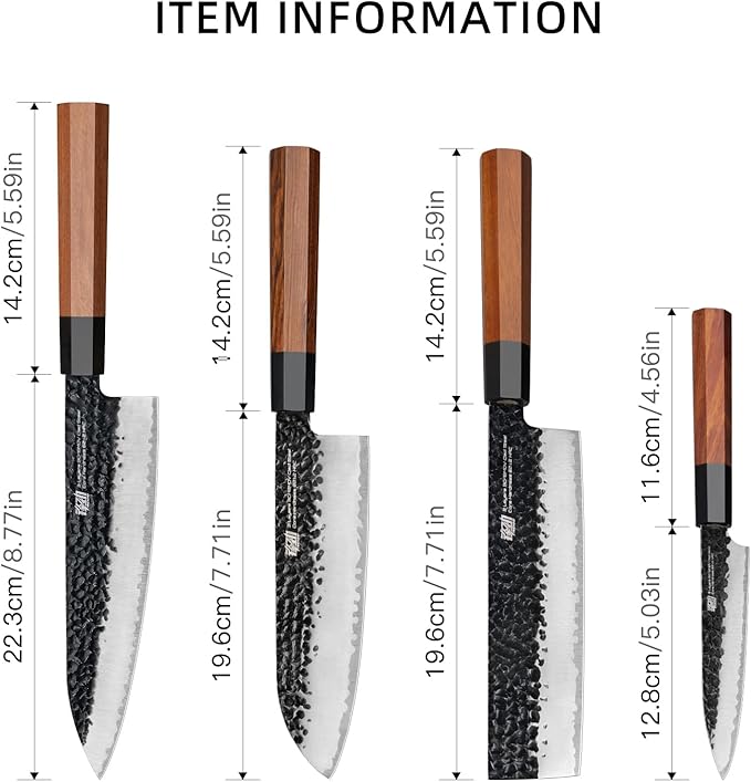 FINDKING 4PCS Kitchen Knife Set, Japanese Chef Knife Set with 9Cr18MoV High Carbon Steel Hammered Blades, Rosewood Octagonal Handles, for Meat, Fruits and Vegetables, Dynasty Series