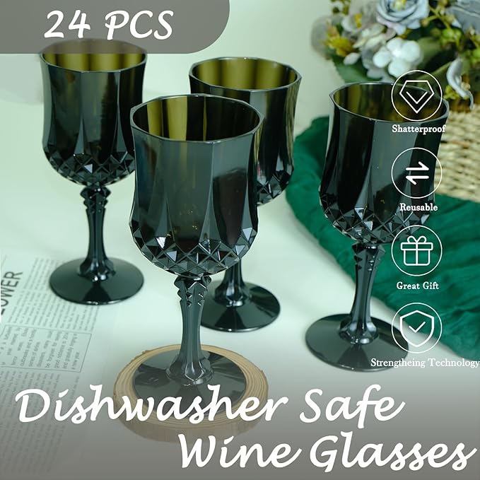 Plastic Wine Glasses, Plastic Goblets Vintage Style Cordial Unbreakable Drinking Glasses, Reusable Drinkware for Wedding Reception, Grand Event Party Supplies (24, Black)