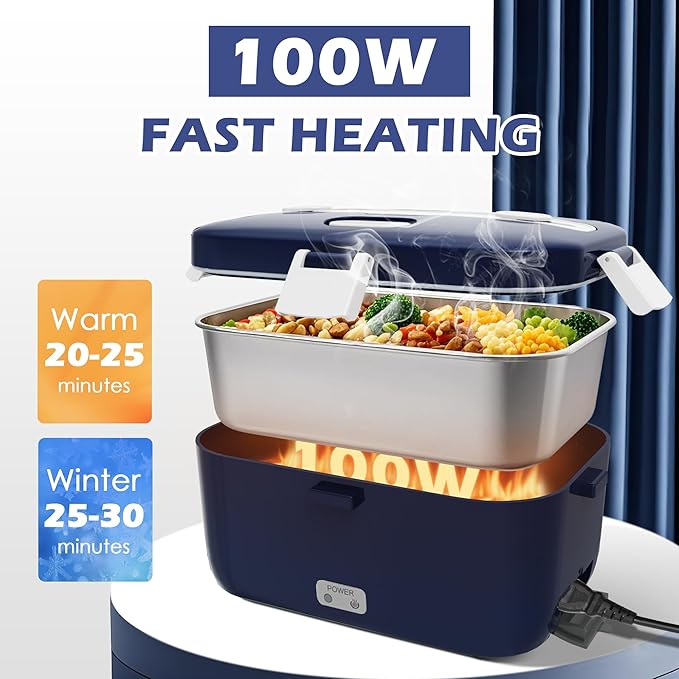 COZYEXPERT 100W Electric Lunch Box Food Heated 12V 24V 110V Fast Food Warmer Heater for Car/Truck/Home Portable Food Heating Boxes with 1.8L 304 SS Container 0.45L Compartment(Royal Blue+White)