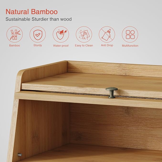 Goozii Large Bread Box for Kitchen Countertop, Double Layer Breadbox for Homemade Loaf Bread, Farmhouse Bread Storage Container Bin for Kitchen Counter Pantry Cupboard (Natural Bamboo)