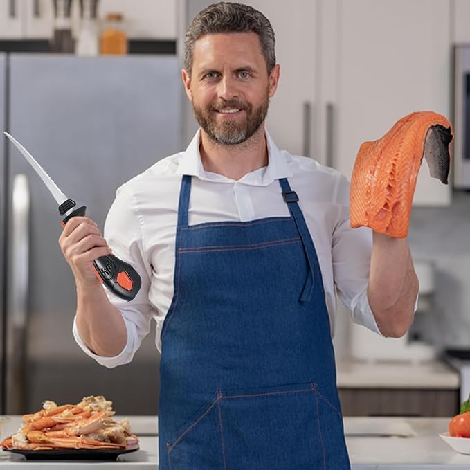Cordless Electric Fillet Knife - 5 Ti-Nitride Coated Non-Stick Blades, Ergonomic Non-Slip Grip Handle & Cooling Vent Stylish with Carry Bag ,Perfect Electric Knife for Effortless Fishing (Orange)