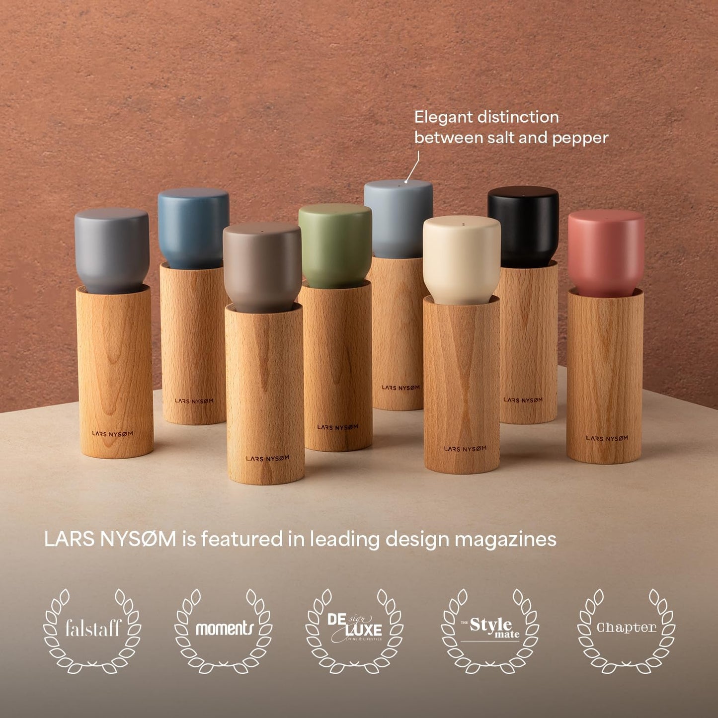 LARS NYSØM Wooden Salt and Pepper Grinder Set Manual with Tray - Salt and Pepper Mills with Adjustable Ceramic Grinder - Elegant Beechwood Pepper and Salt Mill Set for Dining Table (Black/Beige)