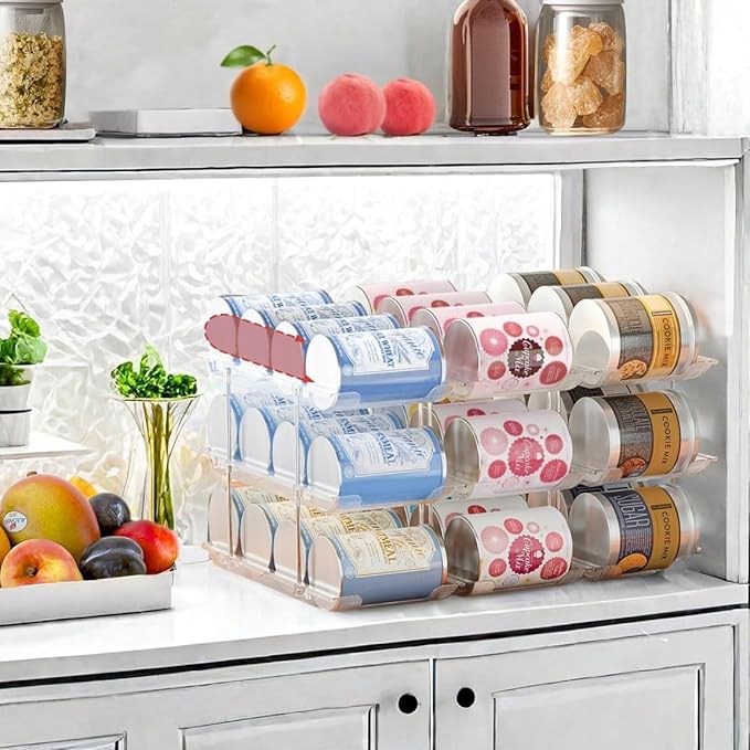 Attelite Can Organizer for Pantry, 3 Sets 2Tiers Can Storage Organizer Pantry, Soda Can Organizer for Fridge 24 Cans Rack Automatic Rolling Stackable Canned Food Organizer,Clear