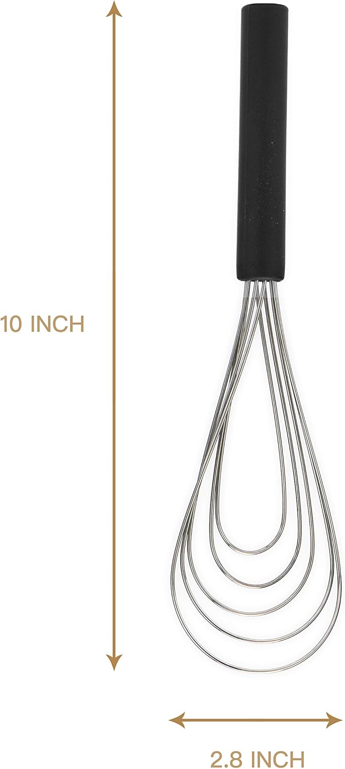 Flat Whisk Silicone Handle Non Slip 10" - 5 Wires Whisk with 10 Heads for Kitchen Cooking Color by Jell-Cell (Black)