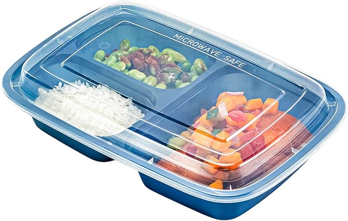 Asporto 26 Ounce Compartment Take Out Boxes, 100 Microwavable Meal Prep Containers - 3 Compartments, With Clear Plastic Lids, Midnight Blue Plastic Food Containers, Do Not Contain BPA - Restaurantware