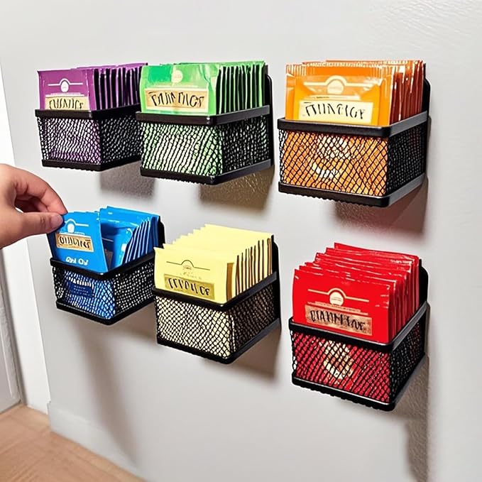 6 Pcs Magnetic Refrigerator Baskets, Metal Mesh Fridge Organizers, Space-Saving Kitchen Storage for Snacks, Condiments, Small Items